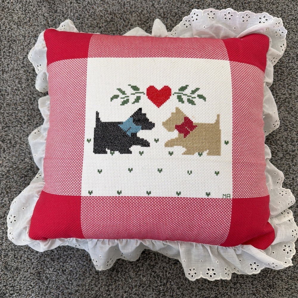 Vtg Scottish Terrier Scottie Dog Cross Stitch Throw Pillow Handmade 15" Square
